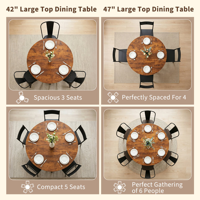 Industrial 42" Round Dining Table Set With Upholstered Chairs, White, 3 Pieces: Table, 2 Chairs, Rust Brown
