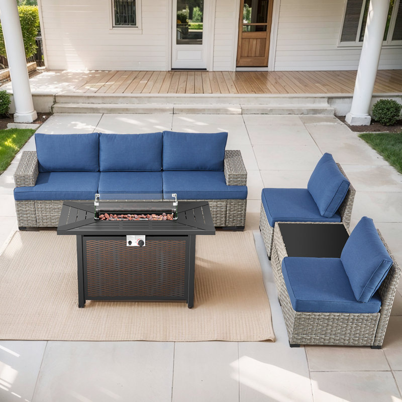 Clute Arnoltice 5 - Person Outdoor Wicker Rattan Patio Sofa Seating Group With Armless Chairs And Fire Pit Table, Blue