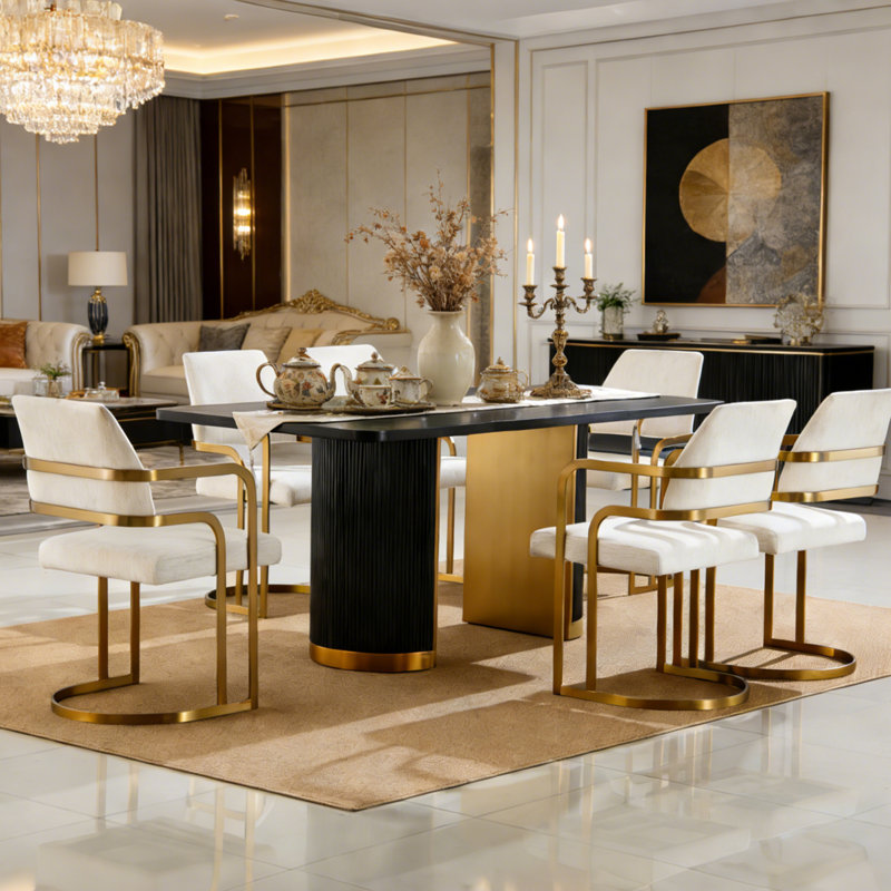 Ensemble de table de salle à manger en bois avec 6 chaises rembourrées Farmhouse, H 30 po x l 70 po x P 35 po, Noir