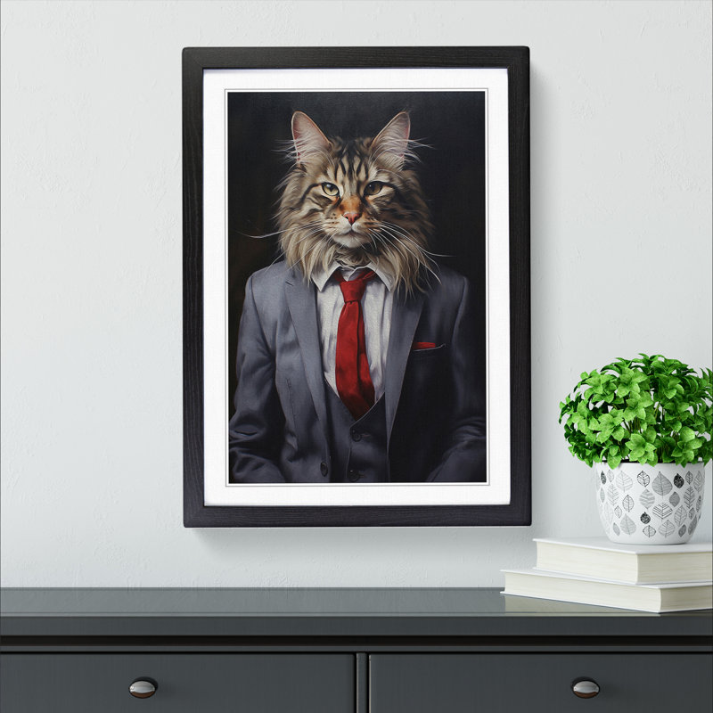 Cat In A Suit No.8 - Single Picture Frame Print on Wood, Black , 46cm H x 34cm W x 2cm D