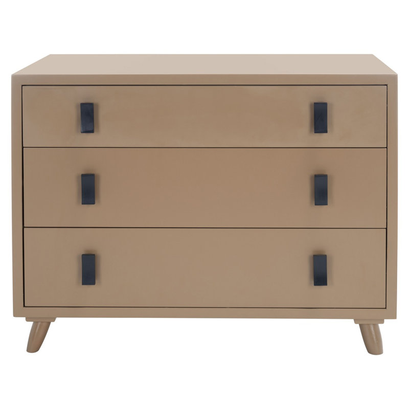 Élégante et élégante table de chevet Shrestha - Commode de chambre à 3 tiroirs avec accents métalliques industriels de couleur taupe