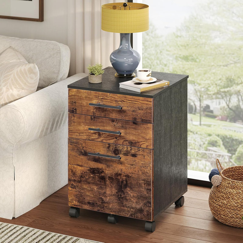Rustic Brown & Black 3-Drawer File Cabinet - Wooden Under Desk Filing Cabinet (Fits A4/Letter, Small Rolling Storage, Printer Stand For Home Office)
