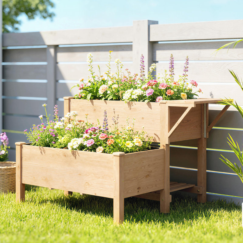 Lit de jardin surélevé en bois, jardinière surélevée à 2 niveaux avec tablette