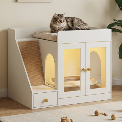 Cat Litter Box Enclosure With Light, Scratching Pad And Storage Drawer