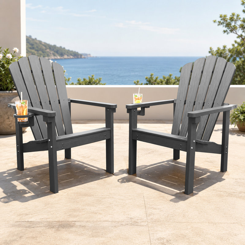Dareona Set of 2 HDPE Stackable Adirondack Chairs with Cup Holders, All-Weather Outdoor Patio Chairs, Gray, 2