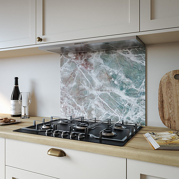 White Marble Aluminium  Kitchen Splashback, 80 cm x 60 cm , Grey/Blue
