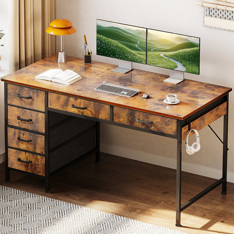 Writing Desk With 6-tier Fabric Drawers,home Office Desk With Reversible Design,modern Corner Desk With Solid Structure