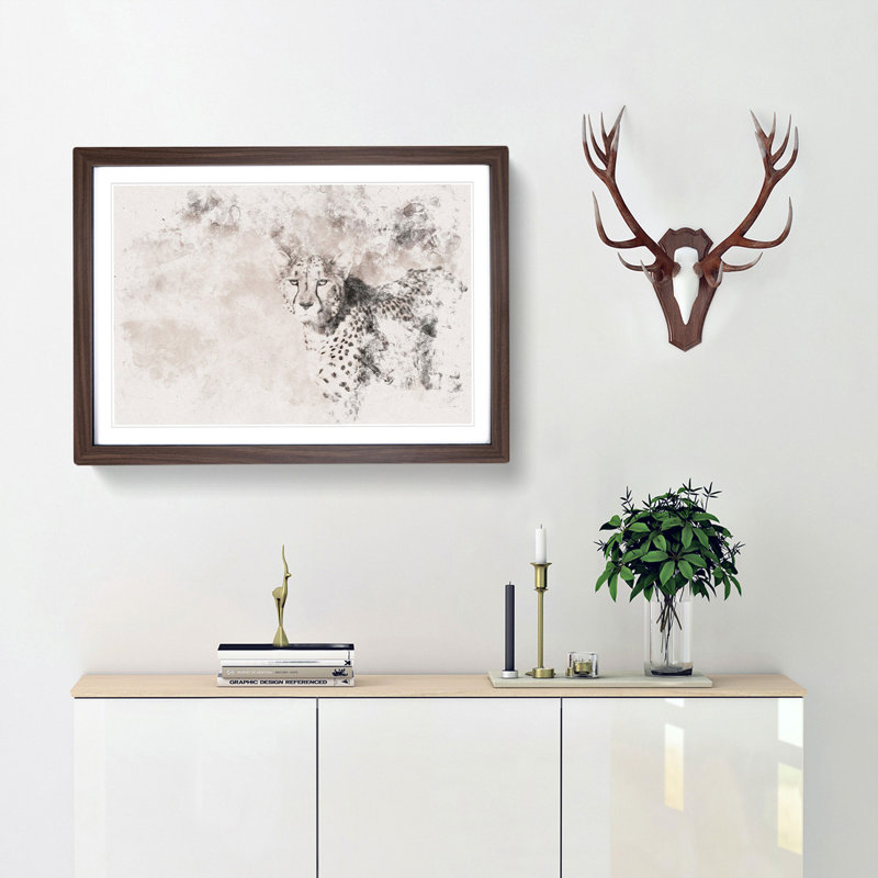 Cheetah with Orange Eyes - Picture Frame Painting Print, 40cm H x 60cm W x 2cm D, Walnut Framed