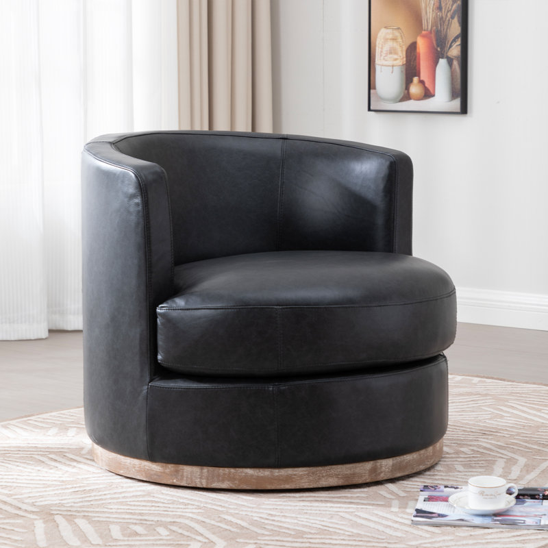 Arabella Genuine Leather Swivel Barrel Chair , Onyx Genuine Leather