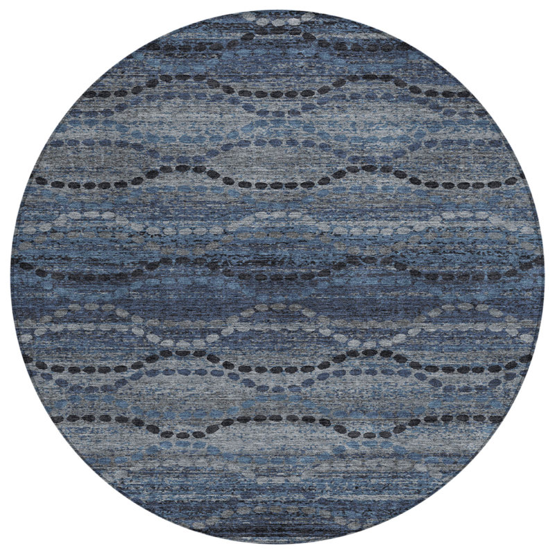 Tapis bleu marine Xhevrie intérieur / extérieur lavable à la machine, Rond 8 pi