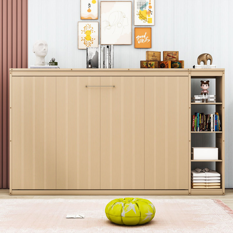 Lit escamotable en bois avec bibliothèque, Naturel, Double