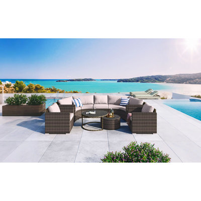 Go 9-piece outdoor half-moon patio sofa set, modern round sofa, brown wicker with beige cushions, stylish design