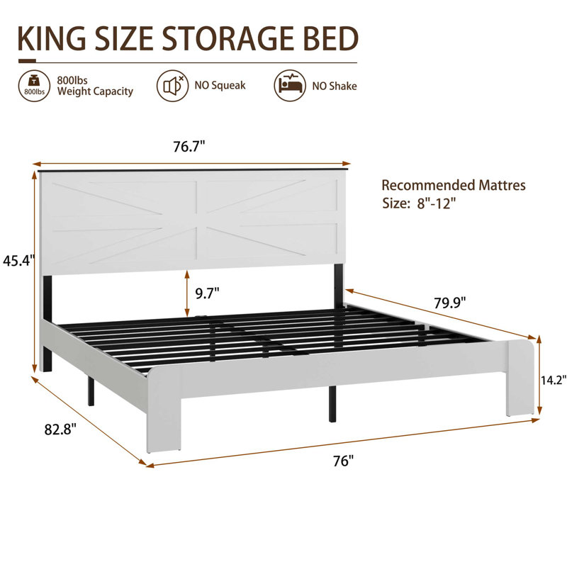 King Size Wood Platform Bed Frame with Headboard, Large Under-Bed Storage, Noise-Free, No Box Spring, White, King