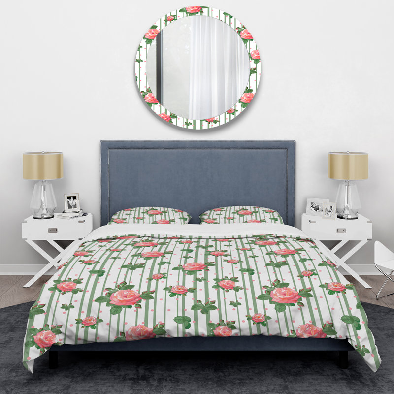 Rose rose rayé - ensemble de housse de couette abstrait - microfibre de polyester