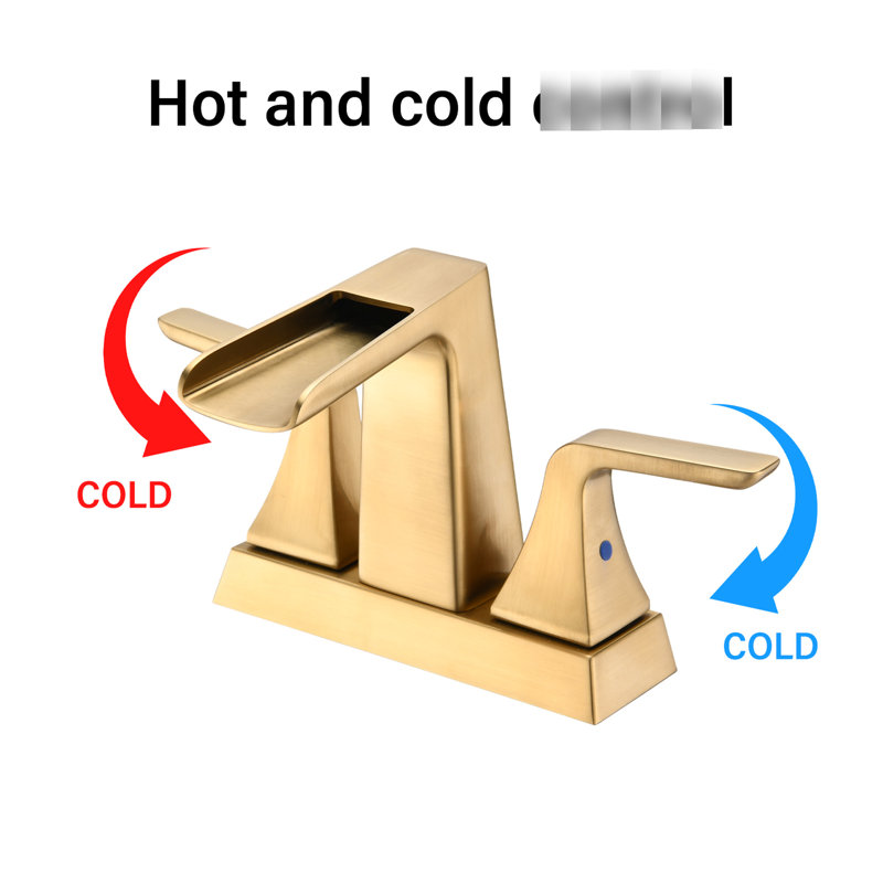 4 Inch Waterfall Bathroom Sink Faucet In Brushed Gold - Solid Brass Made With Double Handle For Adjustable Water And Temperature Ceramic Cartridge Longevity Fits 2/3 4-Inch Configurations