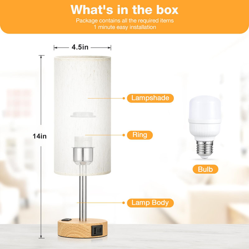 Lampe de chevet pour chambre à coucher, Blanc, Naturel