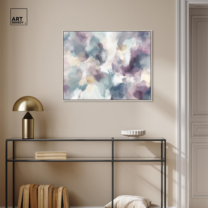 Art Remedy, aquarelle abstraite, reflets dorés, H 25 po x l 31 po, Cadre argenté flottant