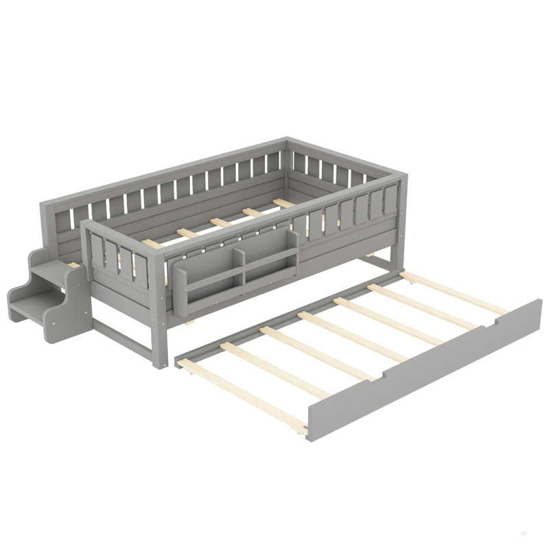 Wooden Bed With Built-In Bookshelves And Trundle, Gray, Twin