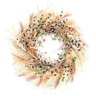 28" Artificial Farmhouse Large Fall Harvest Pampas Grass Berry Birch Thanksgiving Day Front Door Wreath