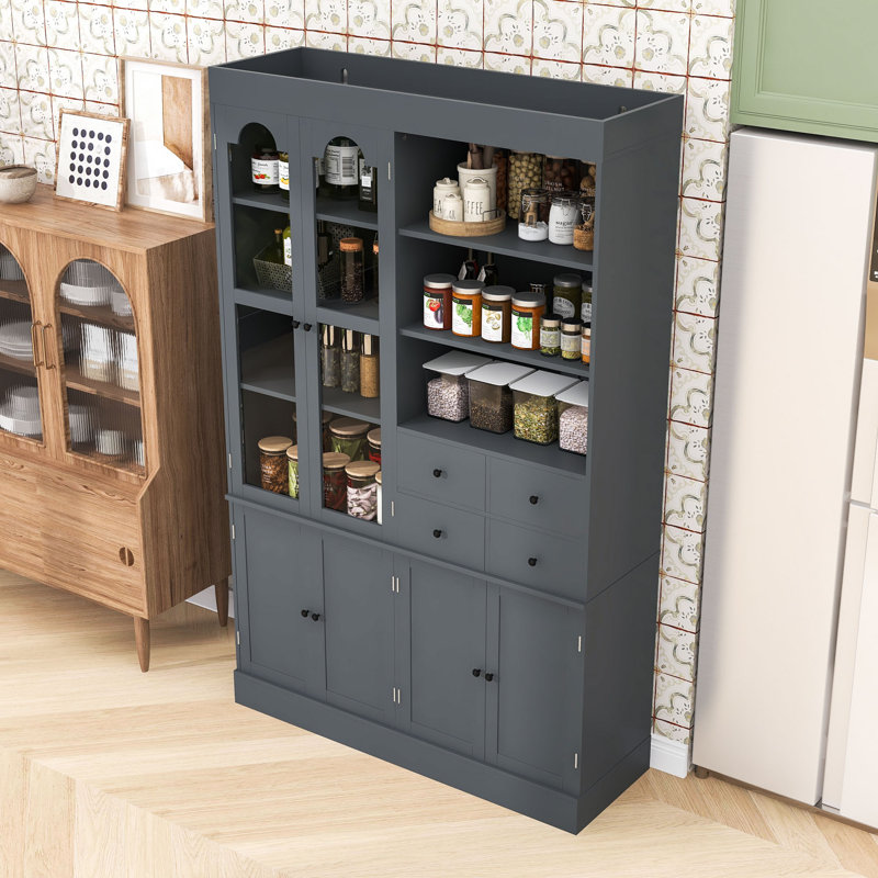 Élégant buffet avec huche - Armoire garde-manger avec portes, tiroirs, tablettes réglables, Gris