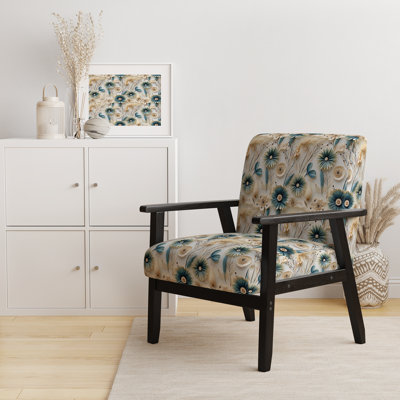 Blue and White Coastal Retreat Seashells - Chaise rembourrée de style campagnard avec accoudoirs rustiques