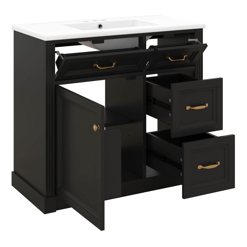 Meuble-lavabo 36 po avec lavabo, lavabo simple avec 4 tiroirs, porte à fermeture en douceur et tablette réglable, lavabo en céramique