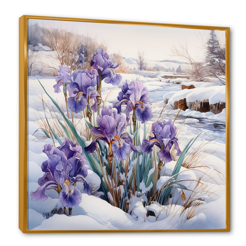 Mauve iris mauve en hiver II sur toile, Cadre flottant doré, H 36 po x l 36 po x P 1,5 po