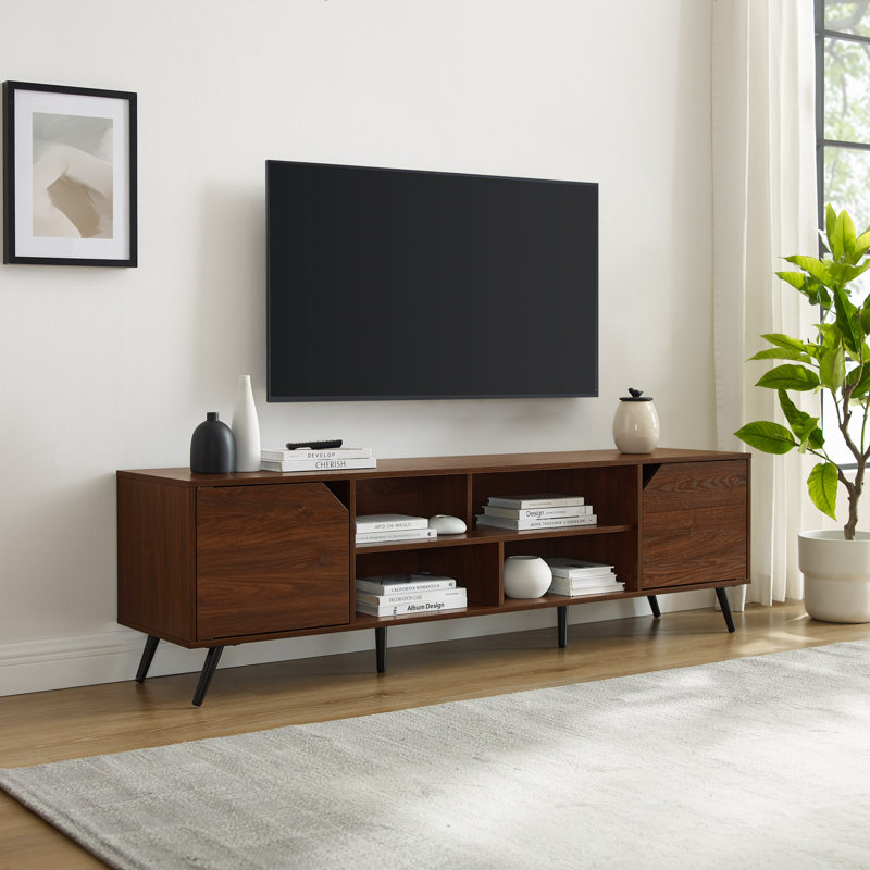 Meuble télé minimaliste à 2 portes avec rangement ouvert, Noyer foncé, L 70 po