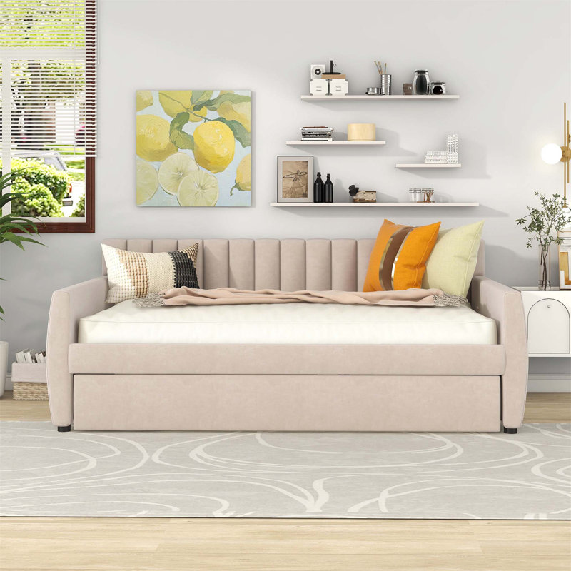 Full Size Upholstered Daybed with Pull-Out Trundle and Sturdy Wood Slat Support for Versatile Guest Accommodation., Beige