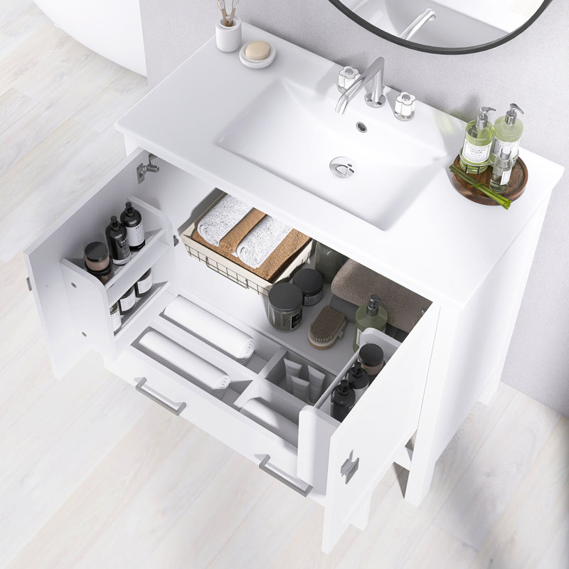 36 pouces Meuble-lavabo blanc avec lavabo en céramique | Double tablettes de rangement et tiroir divisé | Portes à fermeture en douceur | Armoire de salle de bain avec rangement spacieux | Cadre en bois massif