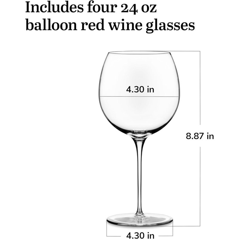 Ensemble de 4 verres à vin Signature Ball, 4 grands verres à vin rouges élégants, 4 verres à pied en verre pour les mariages, les anniversaires et plus encore