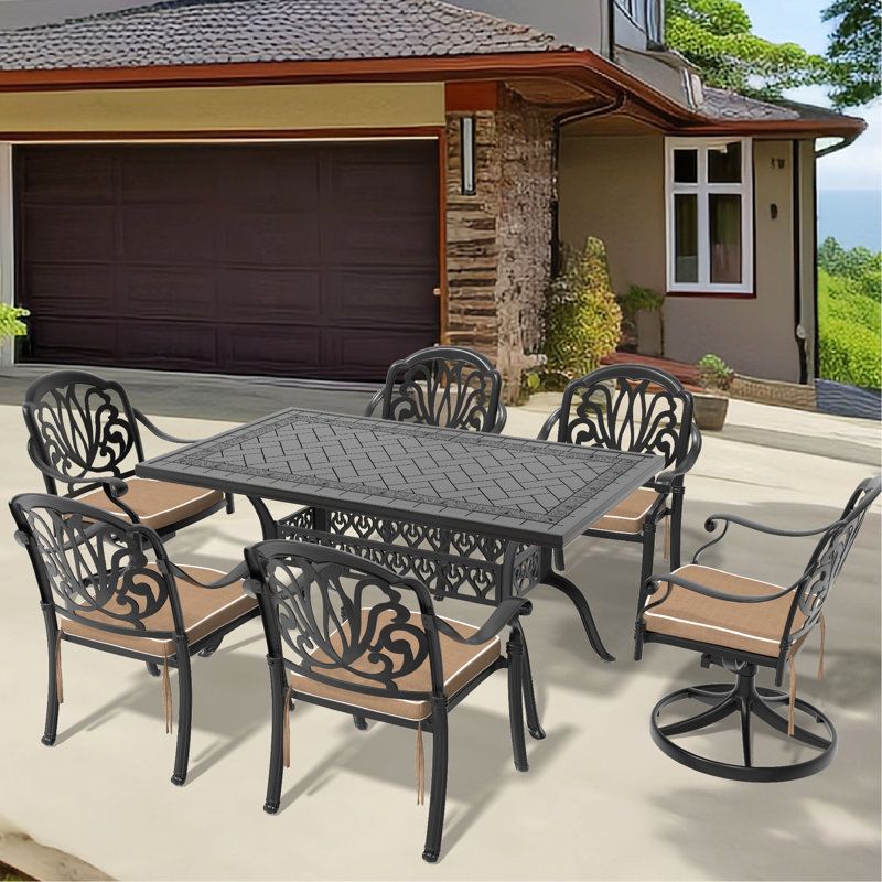Table de salle à manger en fonte d'aluminium toutes saisons - 2 chaises pivotantes, 4 chaises et table rectangulaire - Fabrication noire avec protection de 350 lb, capacité de siège de 160 lb, coussins inclus