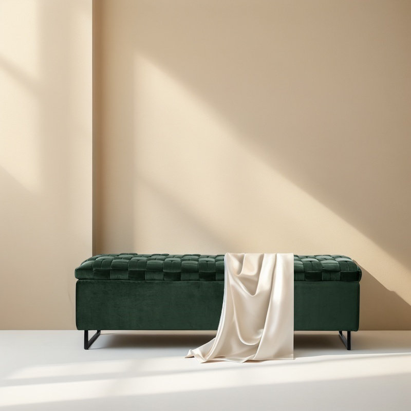 Banc de rangement à motif tissé vert avec pieds en métal, H 17,72 po x l 47,24 po x P 15,75 po