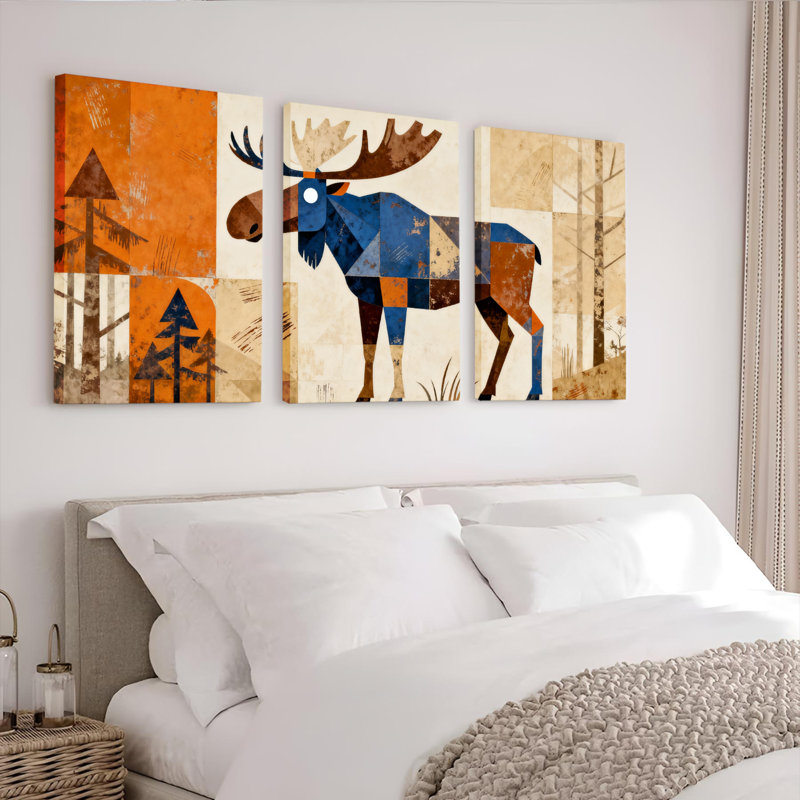 «Geose Moose in Autumn Forest», reproduction d'art sur toile tendue sur toile (ensemble de 3), H 24 po x l 48 po