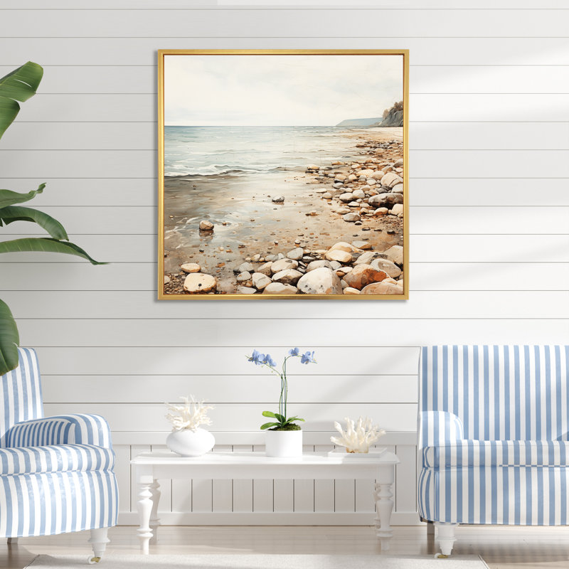 Coastal Pebble Beach I - Art mural minimaliste côtier, H 16 po x l 16 po x P 1 po, Cadre photo blanc