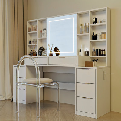 Makeup Vanity Desk with Mirror and Lights, Large Vanity Table with Drawers & Open Storage Shelves