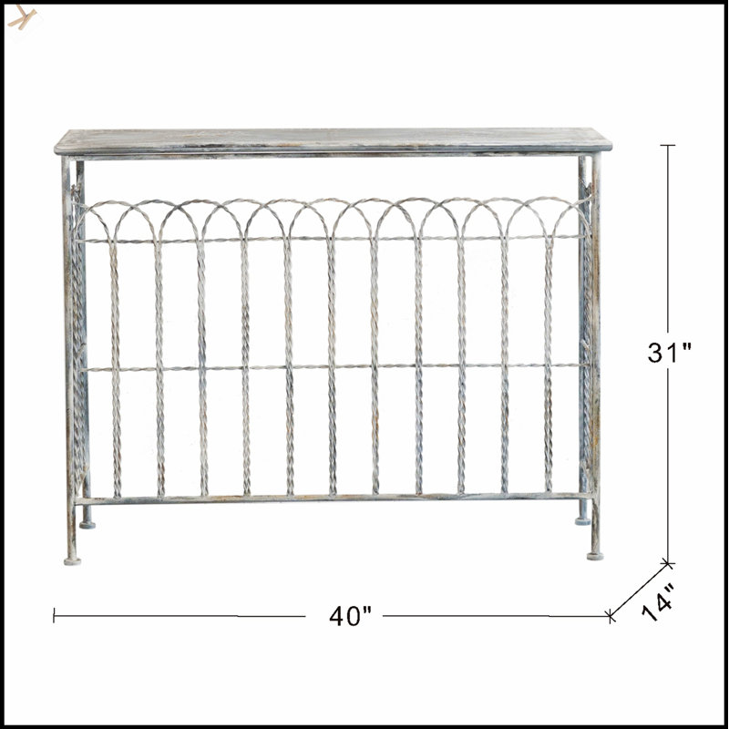 Rustic Iron Arched Fence Console Table With Weathered Silver Finish, Perfect For Narrow Spaces And Vintage Decor