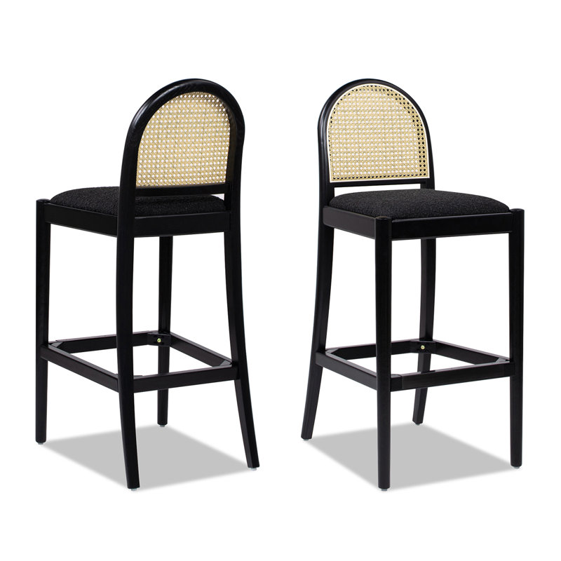Berthile 30.5" Curved Back Bar Stool, Set Of 2, Ebony Boucle, Black Boucle