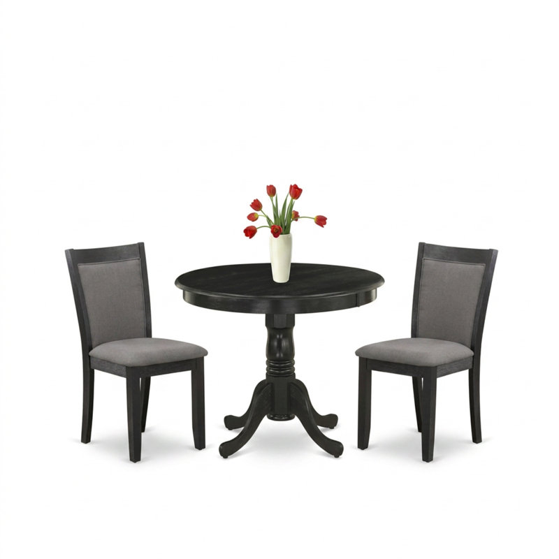 Ensemble de salle à manger 3 pièces avec table ronde sur pied central, chaises rembourrées et revêtement en lin et bois d'hévéa gris foncé Gotham, finition brossée noire.