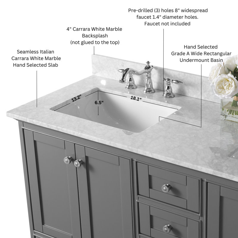 Audrey 60'' W Double Vanity, Sapphire Gray/Brushed Nickel, Carrara White Marble