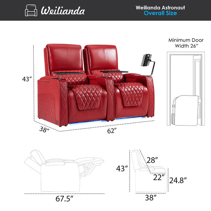 Canapé inclinable électrique Haiylee , Cuir véritable rouge
