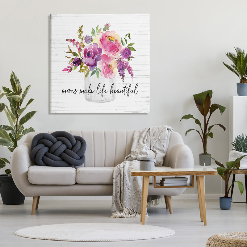 «Mom's Make Life Beautiful Watercolor Flower Bouquet», estampe numérique encadrée noire, art texturé par lettres et lignes