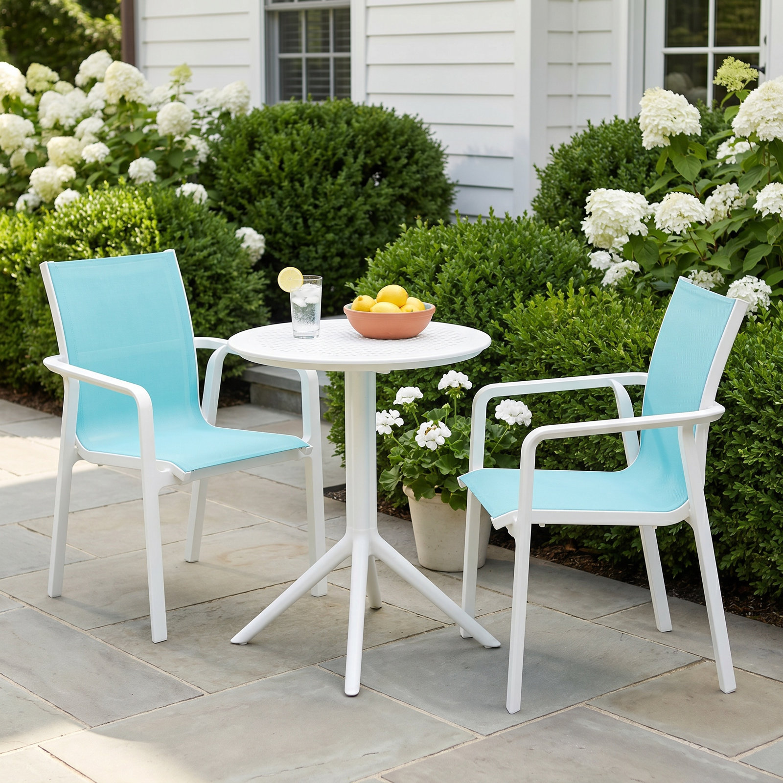 Farrah 24" Patio Bistro Set, White/Turquoise