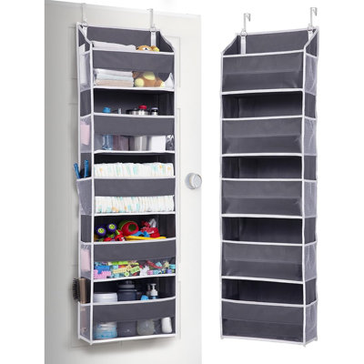 Rangement au-dessus de la porte avec 5 grandes tablettes et 10 pochettes latérales en filet, rangement suspendu robuste avec fenêtre transparente pour les jouets, les chaussures, les couches et les articles de chambre de bébé, support de porte peu encombrant, gris foncé