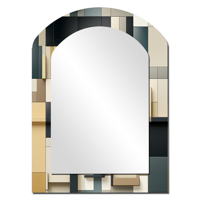 Parrsboro Taupe Geometric Blocks Harmony - Geometric Arch Decorative Mirror, Modern Asymmetrical Wall Mirror, Printed Metal Art