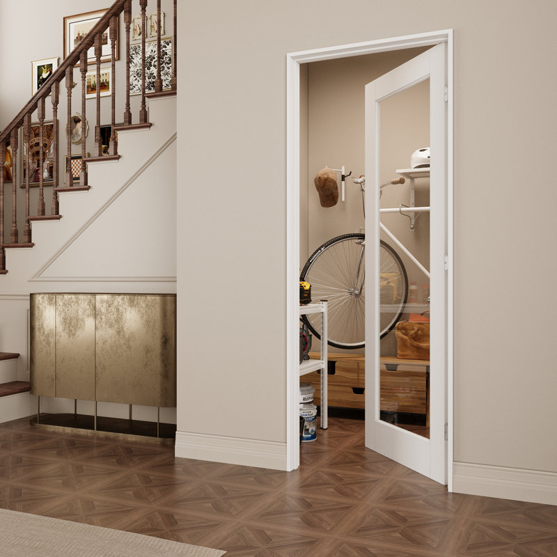 Porte intérieure à un battant en verre clair, porte prémontée en MDF CARB P2 avec verre trempé certifié SGCC, avec ensemble de chambranle, joint d'étanchéité, charnières argentées et ouverture vers l'intérieur à droite, préfinie et facile à teindre soi-même, garde-manger, chambre, salle de bain et placard, 91,4 cm x 203,2 cm