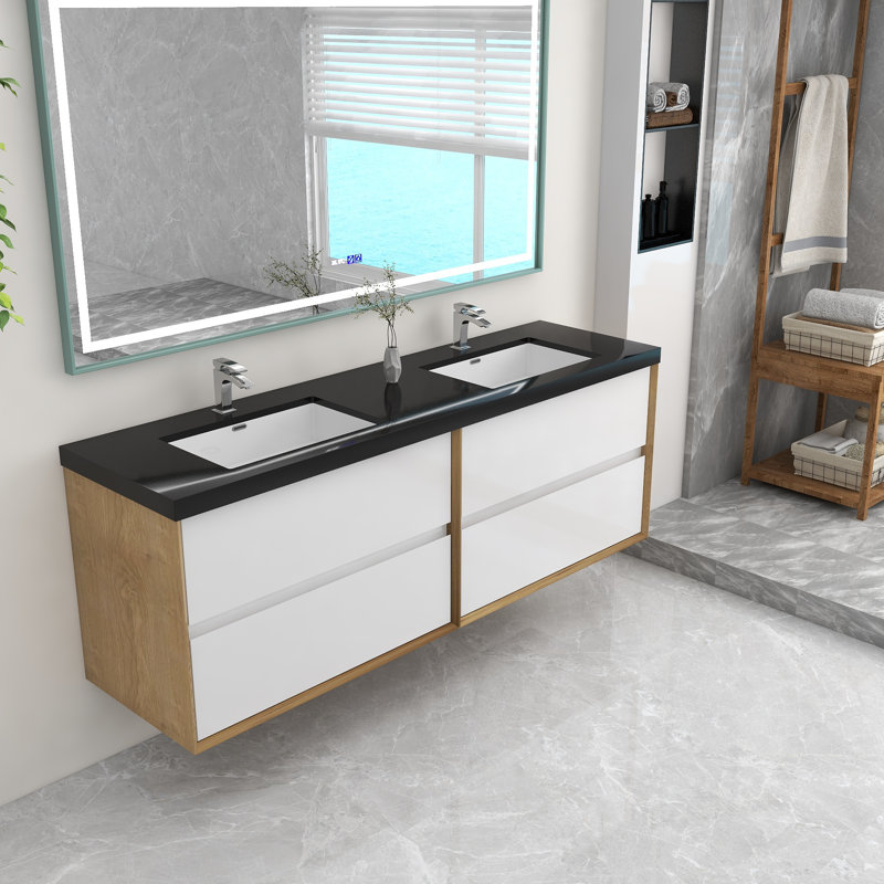 Ensemble de meuble-lavabo double mural 72 po Goodlow Kody, Blanc brillant