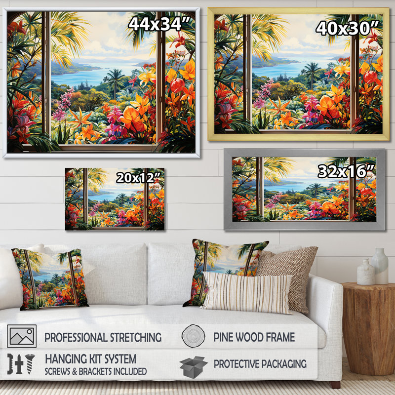 «Tropical Windows View Blooms 4 - Coastal Windows», art mural, Cadre de coin blanc fermé, H 24 po x l 32 po x P 1 po