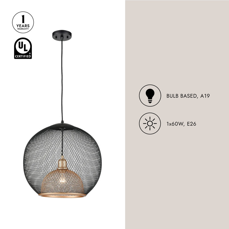 1 - Light Single Globe Pendant, Black/Gold, 17" H x 18" W x 18" D