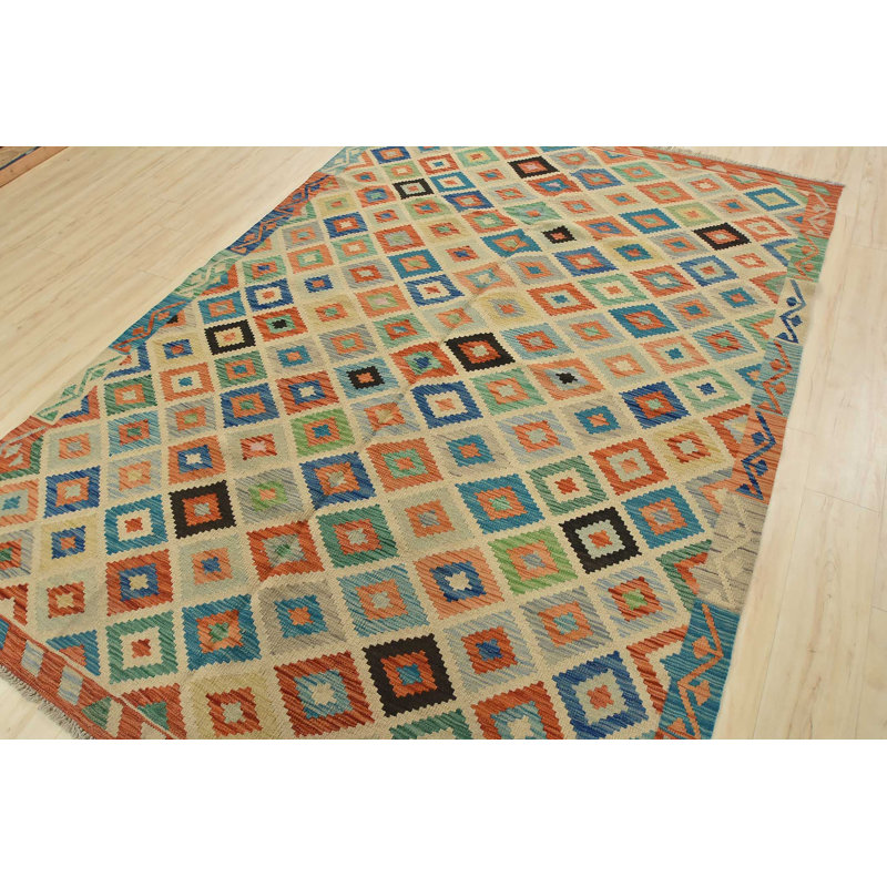 Tapis unique vert / bleu / orange de 6 pi 9 po x 9 pi 10 po